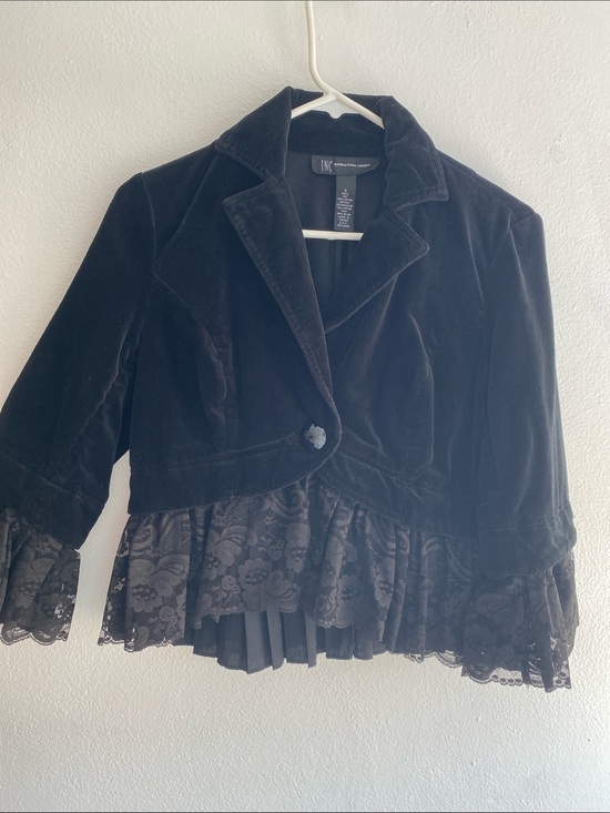 INC International Concepts Jackets & Blazers - INC International Concepts Black Velvet Blazer with Lace Hem Gothic Romance